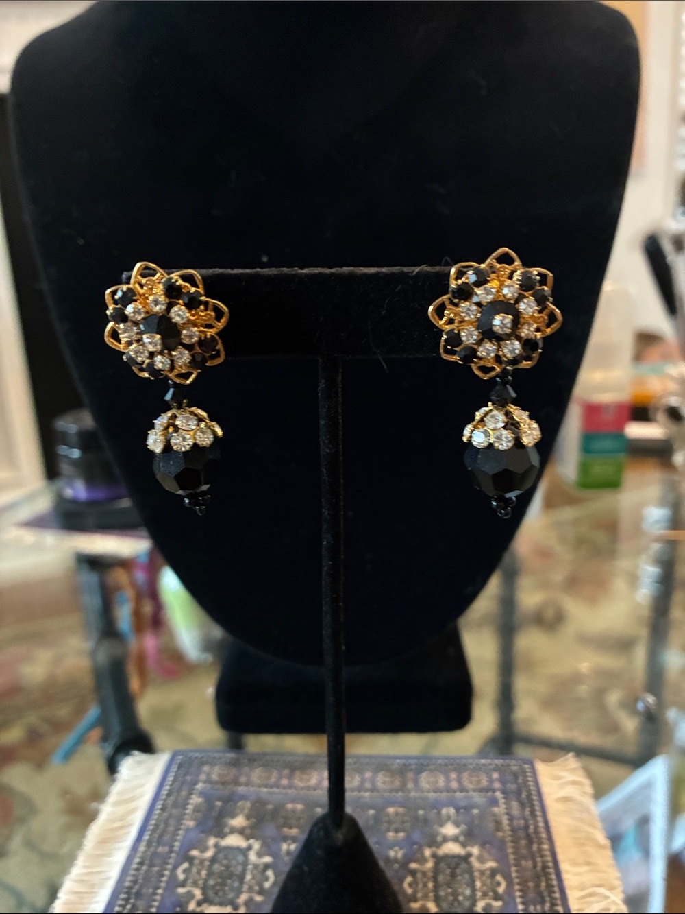 Gold and Black Crystal Drop Earrings - Elegant Floral Design